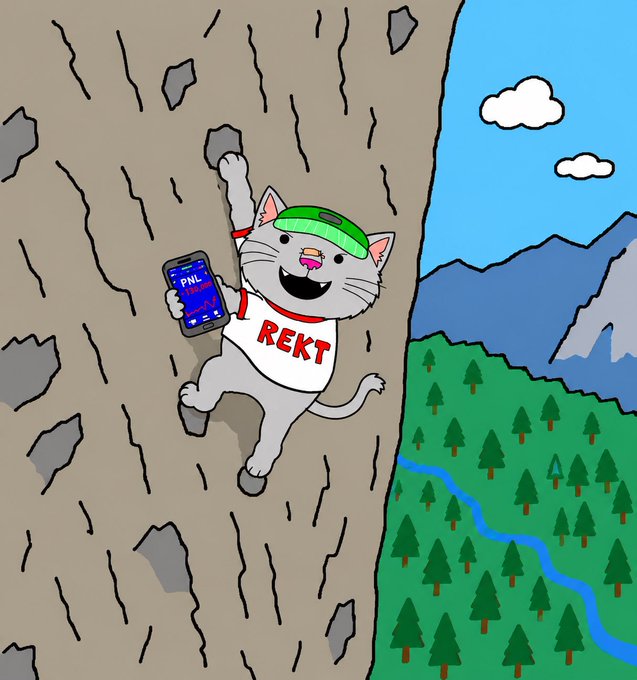 A cartoon illustration of a white cat wearing a green visor and a 'REKT' t-shirt, clinging to a cliff face while holding a smartphone displaying a 'PNL' trading chart, with a forested valley and mountains in the background.