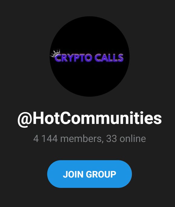 A Telegram group invite card for "@HotCommunities" with 4,144 members and 33 online, featuring a "Crypto Calls" logo and a blue "JOIN GROUP" button, likely promoting a crypto trading community alongside a post about the $WOFL meme coin on Solana.