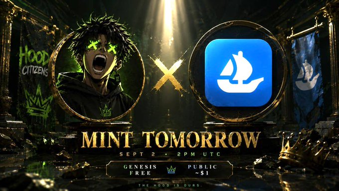 A promotional graphic reading "MINT TOMORROW" for "SEPT 2 · 2PM UTC" featuring the "Hood Citizens" logo and an "X" symbol next to a blue app icon with a sailboat, noting "GENESIS FREE" and "PUBLIC ~$1".