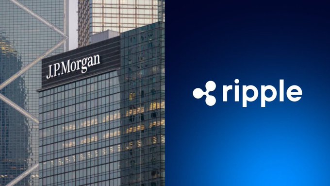 The image features a side-by-side display showing the J.P. Morgan skyscraper logo on the left and the Ripple logo with its distinctive triskelion symbol on a blue background on the right. This visual pairing reinforces the post's claim about Ripple enabling major institutional players like J.P. Morgan clients to use XRP as collateral for credit access, highlighting the growing intersection of traditional banking giants with Ripple's blockchain-based financial solutions.