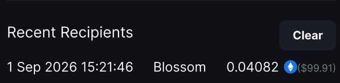 The image shows a "Recent Recipients" transaction log displaying a 0.04082 ETH ($99.91) payout sent to "Blossom" on 1 Sep 2026 at 15:21:46, visually confirming Blossom as the winner of the $100 Metawin giveaway.