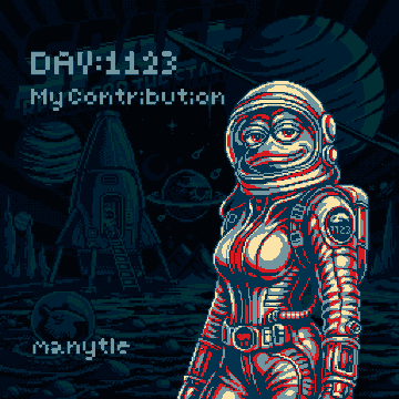 Pixel art depicting an astronaut in a red and blue suit standing in a lunar landscape with rockets in the background; text reads 'DAY: 1123' and 'My contribution' with the username 'mantyle'.