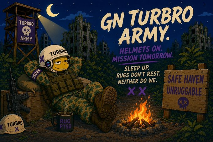 An illustrated scene of a soldier in camouflage uniform and a helmet labeled 'TURBRO' resting against sandbags, with text reading 'GN TURBRO ARMY. HELMETS ON. MISSION TOMORROW. SLEEP UP. RUGS DON'T REST. NEITHER DO WE.' alongside a 'SAFE HAVEN UNRUGGABLE' sign and campfire.