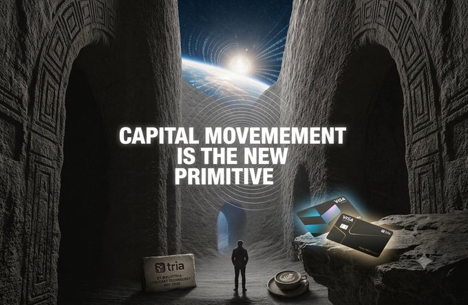 A surreal scene showing a lone figure looking up at Earth through a cosmic gateway framed by ancient stone arches, with credit cards glowing on a rock ledge and text reading: "CAPITAL MOVEMENT IS THE NEW PRIMITIVE."