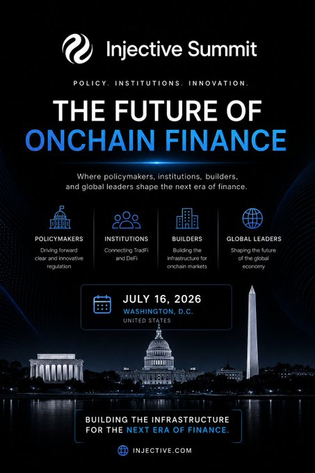 A promotional poster for the 'Injective Summit' themed 'THE FUTURE OF ONCHAIN FINANCE,' scheduled for July 16, 2026 in Washington, D.C., highlighting pillars like Policymakers, Institutions, Builders, and Global Leaders, with a silhouette of the Capitol building and Washington Monument.