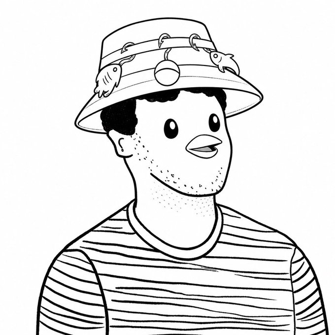 A black and white line drawing of a man with curly hair wearing a bucket hat decorated with fish and a striped shirt.