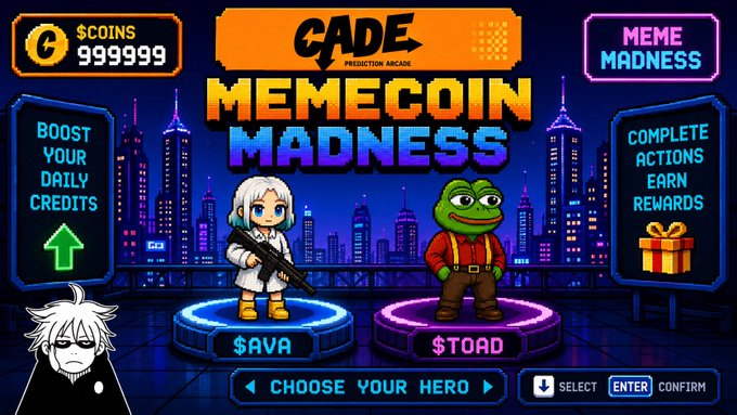 A pixel-art arcade game titled "GADE PREDICTION ARCADE: MEMECOIN MADNESS" features the characters $AVA (a white-haired figure with a gun) and $TOAD (Pepe the Frog) as selectable heroes, with a coin balance of 999,999 displayed at the top. The image directly supports the post by promoting both $AVA and $TOAD as featured characters in the meme coin prediction arcade, highlighting them as standout picks deserving attention.
