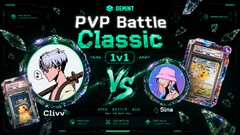 A PVP Battle Classic matchup screen from the game EXINR showing 'Cliv' versus 'Sina' with card illustrations on either side of a 'VS' graphic.