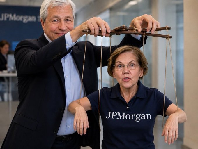Two people, one wearing a JPMorgan-branded polo shirt and a man in a dark suit, are playfully posing with a marionette controller, while a "JPMorgan" logo is visible on the wall behind them.