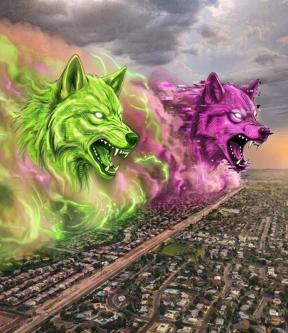 Digital artwork of two giant wolf heads—one glowing green, the other purple with a circuit-board pattern—towering over a suburban landscape.
