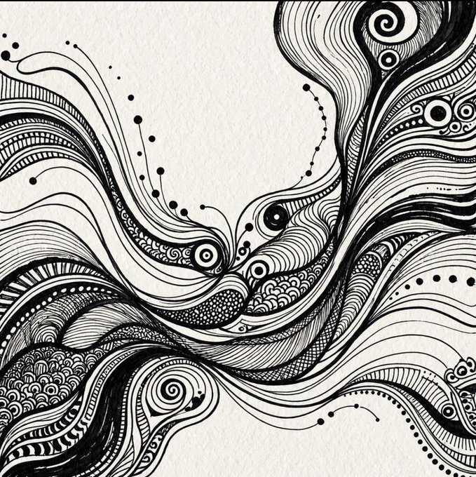 An intricate black and white abstract ink drawing featuring swirling wave-like patterns, spirals, and detailed line work creating a dynamic flowing composition.