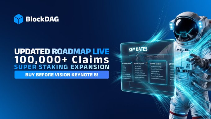 A futuristic astronaut figure beside a holographic "Key Dates" display promotes BlockDAG's "UPDATED ROADMAP LIVE 100,000+ Claims" campaign, highlighting the "Super Staking Expansion" and urging viewers to buy before Vision Keynote 6.