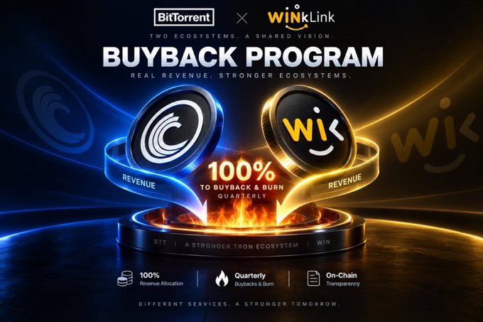 A promotional graphic for a BitTorrent (BTT) and WinkLink (WIN) joint 'BUYBACK PROGRAM' featuring 100% revenue buyback and burn quarterly.