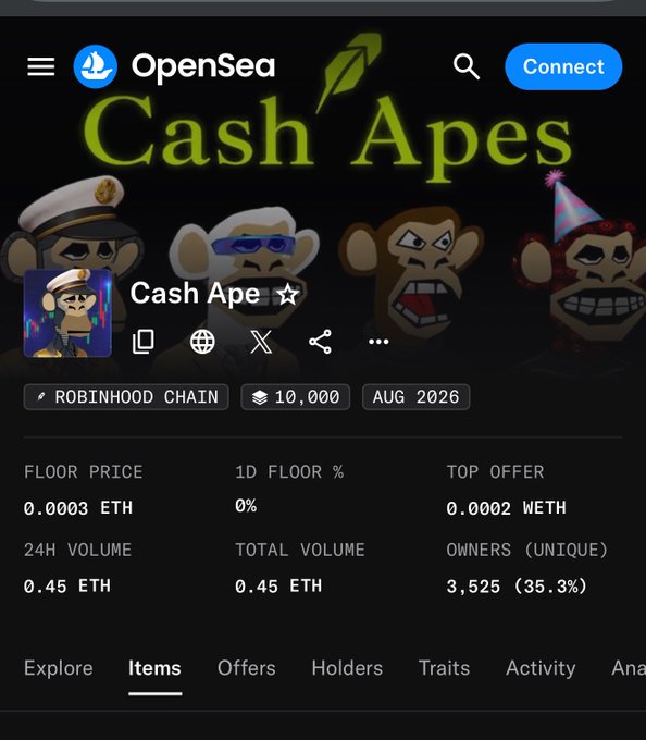 An OpenSea NFT collection page displays 'Cash Apes' with a floor price of 0.0003 ETH on the Robinhood Chain.