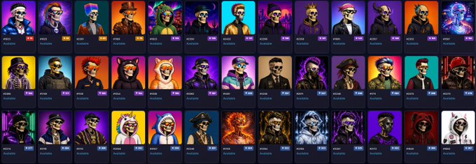 A grid of 36 colorful NFT-style character portraits labeled #630 through #665, featuring various cyberpunk and fantasy figures.