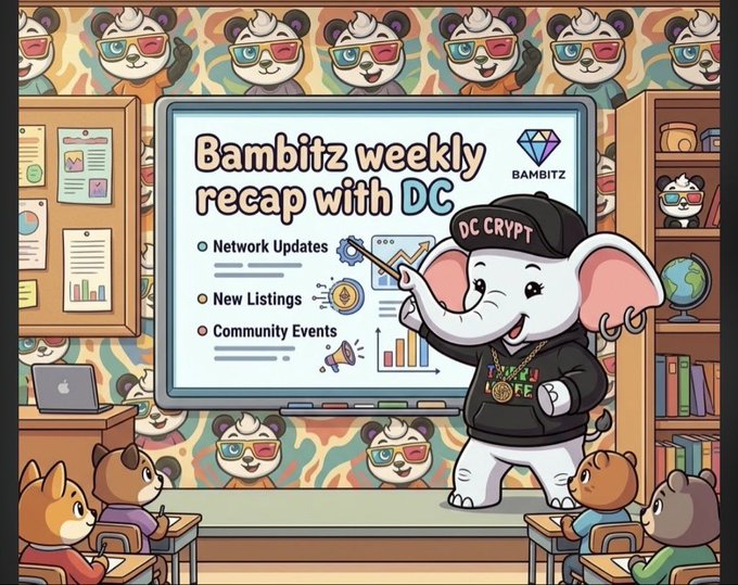 A cartoon illustration of a 'Bambitz weekly recap with DC' featuring an elephant mascot in a classroom setting.