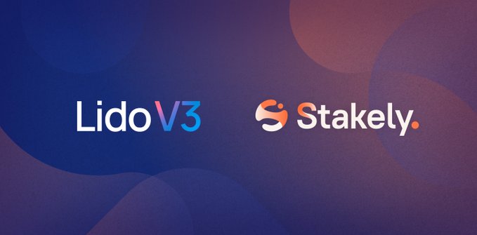 Graphic displaying the logos for 'Lido V3' and 'Stakely.' side by side on a dark gradient background with circular shapes.
