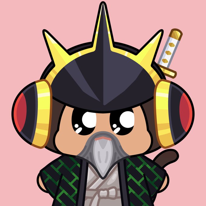 A cartoon illustration of a cute chibi-style monkey character wearing an ornate black and gold samurai-style helmet with a sword behind it, set on a pink background.