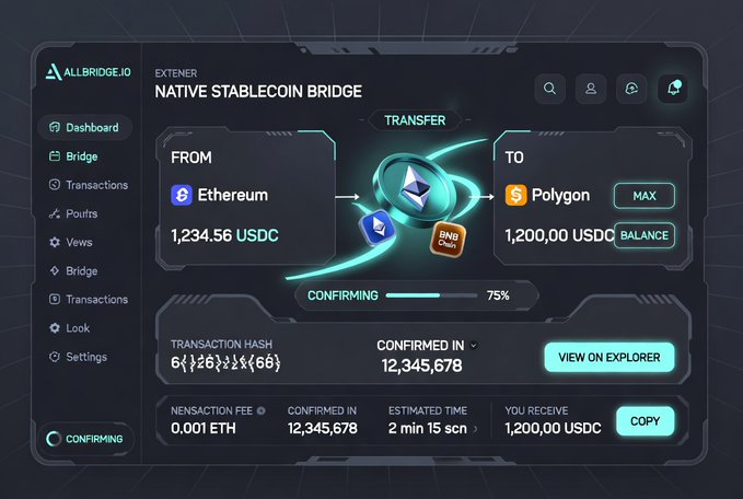 A dark-themed interface for 'ALLBRIDGE.IO', showing a 'NATIVE STABLECOIN BRIDGE' transfer confirming 1,234.56 USDC from Ethereum to Polygon, with a 75% confirmation progress bar.