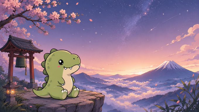 The image features a cartoon dinosaur sitting on top of a cliff, overlooking a beautiful landscape with mountains and a sunset. The sky above them has pink and purple hues, creating a serene atmosphere. In the background, there are cherry blossoms blooming, adding to the picturesque scene. The post also mentions that there is an ongoing GTD Phase event, which suggests that this image might be related to a specific event or promotion in the gaming community.