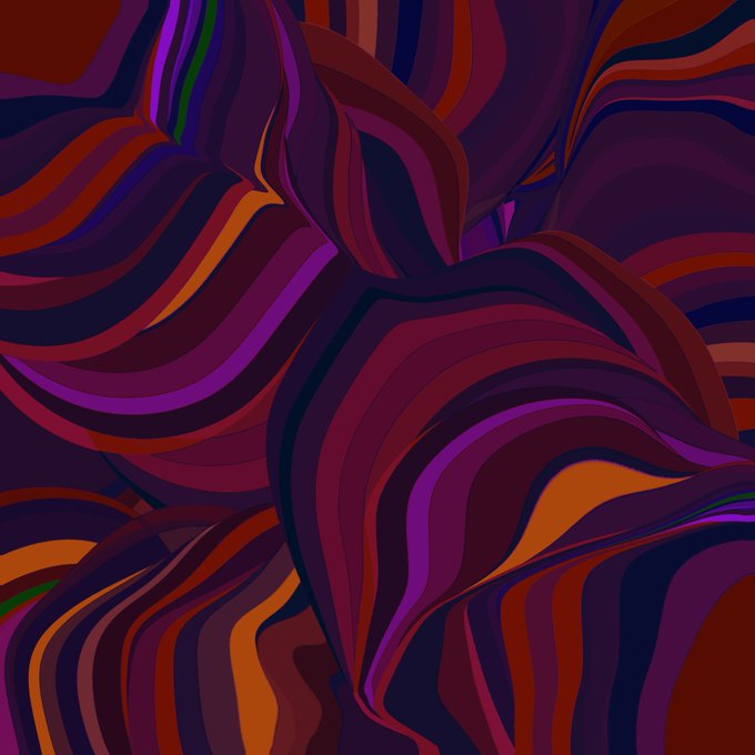 Abstract digital artwork featuring swirling, fluid ribbons in deep purple, magenta, orange, and red tones.