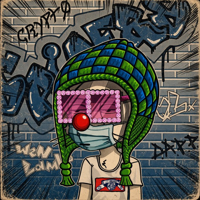 A graffiti-style illustration of a character wearing a checkered beanie, pink jeweled sunglasses with a clown nose, and a face mask, with 'CRYPT' text and other tags on a brick wall background.