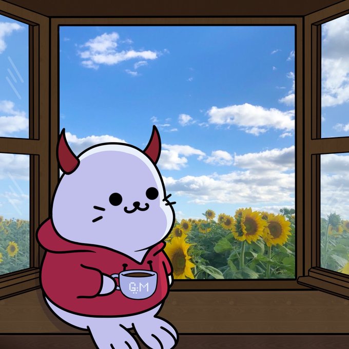 A cartoon devil-like character labeled "G.M" in a red hoodie drinks from a mug while sitting in a bay window overlooking a sunflower field under a blue sky.