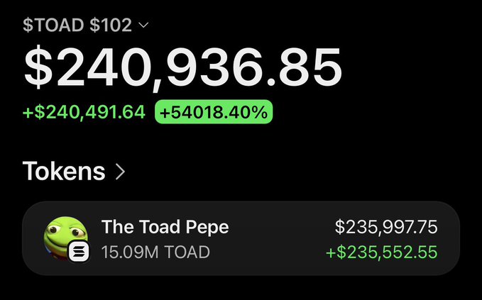 A portfolio screenshot shows $TOAD holdings worth $240,936.85, up $240,491.64 (+54,018.40%), with the bulk of gains coming from "The Toad Pepe" token (15.09M TOAD) valued at $235,997.75. The image illustrates the post's theme of memecoin success stories driving mass adoption into trading, showcasing extraordinary returns as evidence of an emerging super cycle.