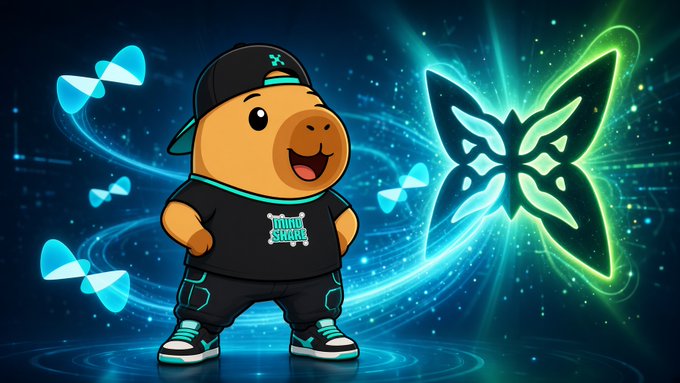 A cartoon capybara mascot wearing a black cap, a "Mini Shabu" t-shirt, and sneakers, standing in a neon blue digital environment with a glowing butterfly logo.