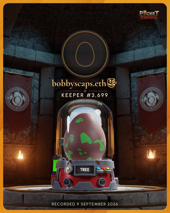 A 'POCKET DRAGONS' NFT-style image showing an egg labeled 'bobbyscaps.eth' inside a gumball machine labeled 'TREE', marked as 'KEEPER #3,699' and 'RECORDED 9 SEPTEMBER 2026'.