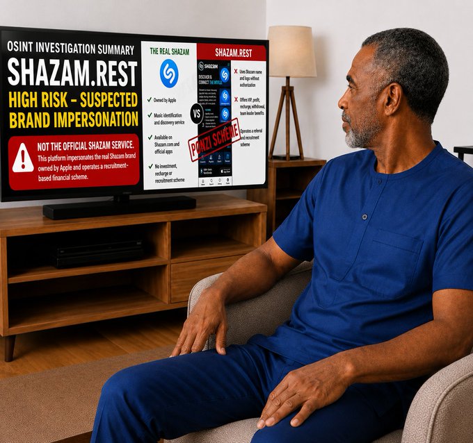 A man in a blue shirt sits in a living room watching a TV displaying an 'OSINT INVESTIGATION SUMMARY' about 'SHAZAM.REST,' warning of 'HIGH RISK - SUSPECTED BRAND IMPERSONATION' and stamping it as a 'SCAM!'