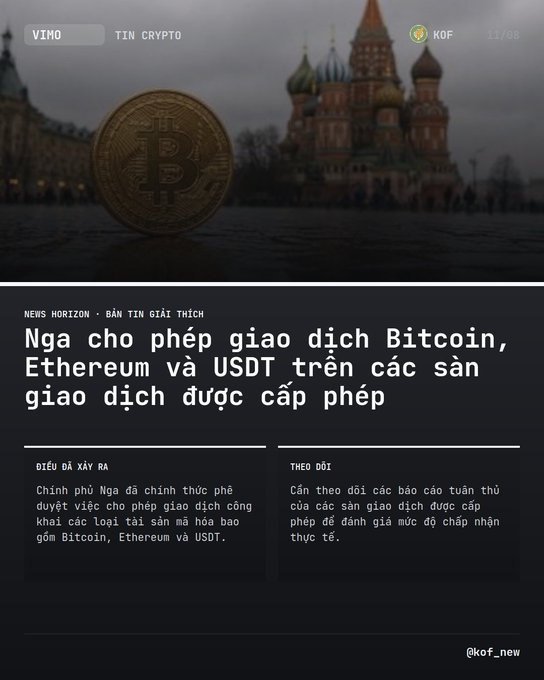A Vietnamese crypto news post from @kof_new featuring a Bitcoin coin in front of St. Basil's Cathedral, with the headline 'Nga cho phép giao dịch Bitcoin, Ethereum và USDT trên các sàn giao dịch được cấp phép' (Russia allows trading of Bitcoin, Ethereum, and USDT on licensed exchanges).