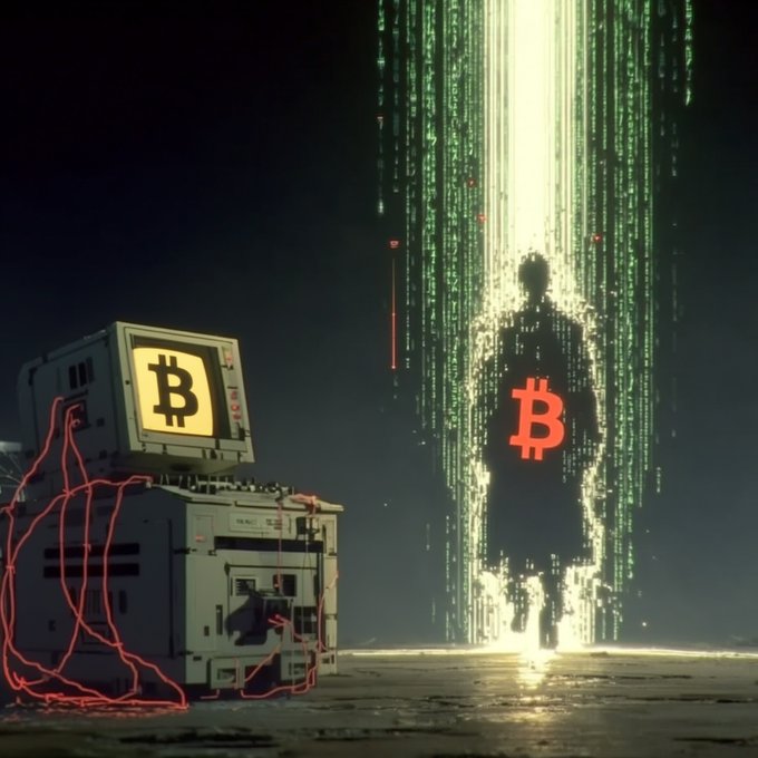 A digital artwork showing a figure composed of green code with a red Bitcoin symbol on its chest, standing behind a computer monitor displaying the Bitcoin logo.