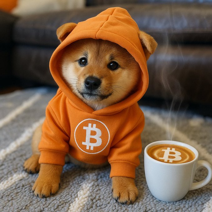 A Shiba Inu puppy wearing an orange hoodie with a Bitcoin logo sits on a carpet next to a steaming coffee cup featuring the same Bitcoin symbol.