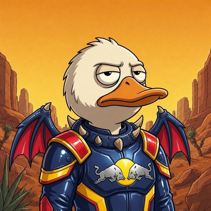 A cartoon duck with a bored expression wearing blue and red spiked armor, standing in a desert canyon landscape.