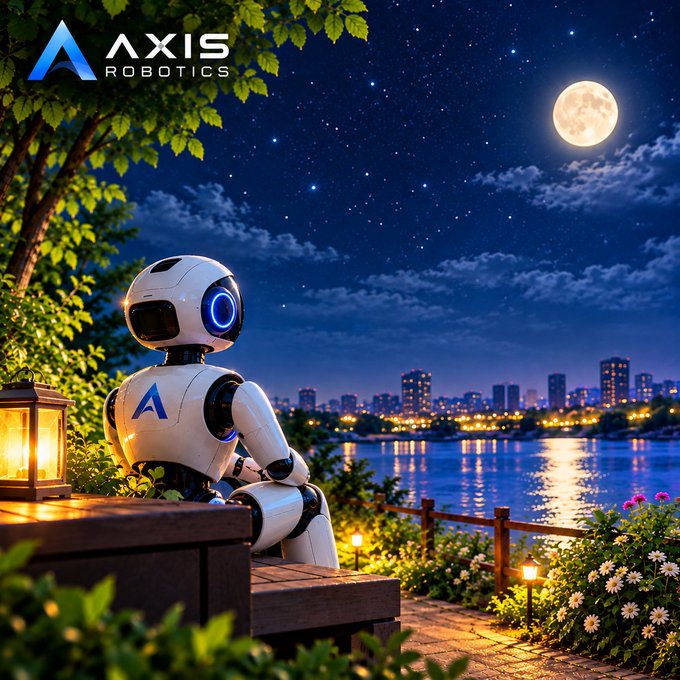 A promotional image for 'AXIS ROBOTICS' featuring a white humanoid robot with blue accents sitting on a bench beside a lake, gazing at a city skyline under a starry night sky with a full moon.