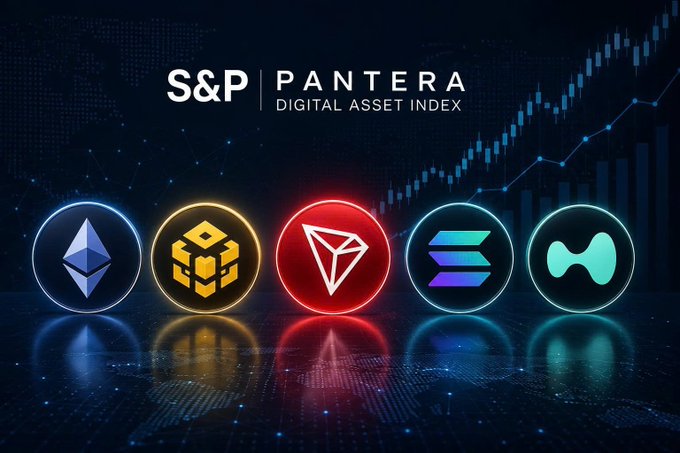 The image displays the "S&P Pantera Digital Asset Index" logo above five glowing cryptocurrency icons—Ethereum (ETH), Binance Coin (BNB), TRON (TRX), Solana (SOL), and Hedera (HBAR)—set against a backdrop of an upward-trending chart, visually representing the five largest-weighted components of this new blockchain-focused index co-developed by S&P Dow Jones Indices and Pantera Capital, which includes TRON.