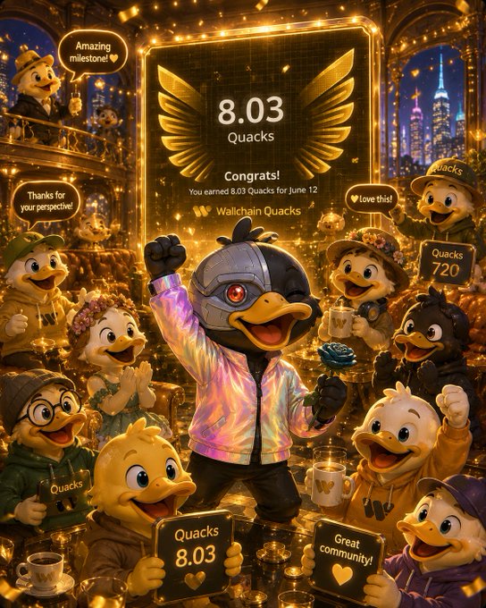 The image features a poster with a group of ducks, including a duck wearing a silver suit and holding a microphone, surrounded by other ducks. The text on the poster congratulates the person who earned 8.03 Quacks for the day.