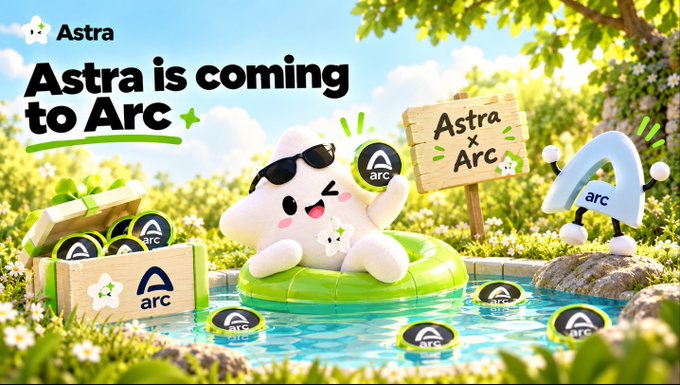 A colorful promotional graphic with the text 'Astra is coming to Arc' featuring a cute white mascot wearing sunglasses relaxing in a green pool float surrounded by Arc logos.