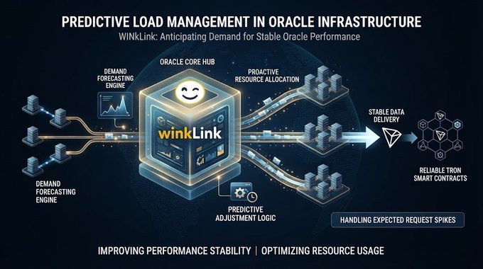 An infographic titled 'PREDICTIVE LOAD MANAGEMENT IN ORACLE INFRASTRUCTURE' details the 'WinkLink' system for anticipating demand and stable Oracle performance, featuring icons for demand forecasting and resource allocation.