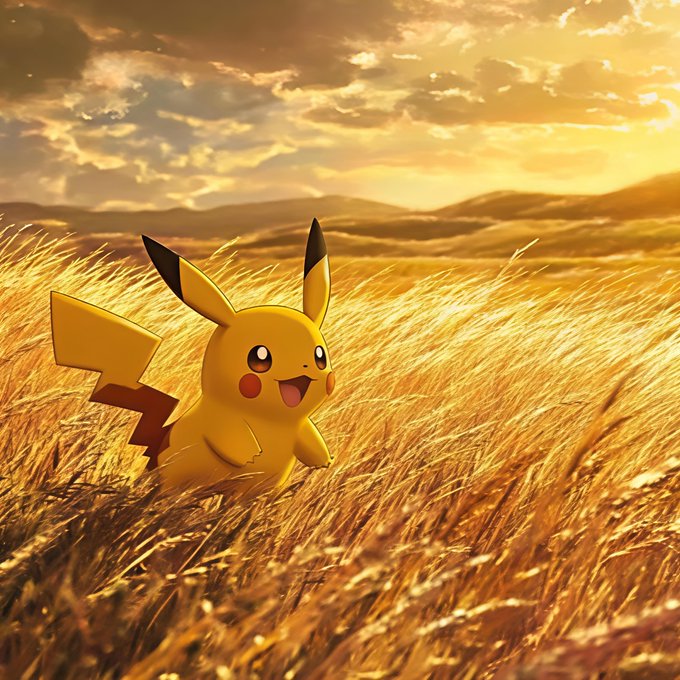 An AI-generated image of Pikachu standing in a golden wheat field at sunset.