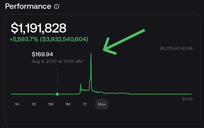 A performance graph showing a value of $1,191,828 with a +5,593.7% gain, with a green arrow pointing to a spike where the value reached $169.94 on Aug 9, 2020.
