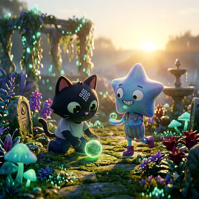 The image features two cartoon characters, a cat and a starfish, playing with a green ball in front of a graveyard scene. The cat appears to be holding the ball while standing next to the starfish who is sitting down. The background includes a graveyard filled with various plants and mushrooms, creating an atmosphere reminiscent of the ritual world. The post also mentions that PLOPLO serves as the essential bridge between Ritual' s advanced Al layers and interactive play in the ritual ecosystem.