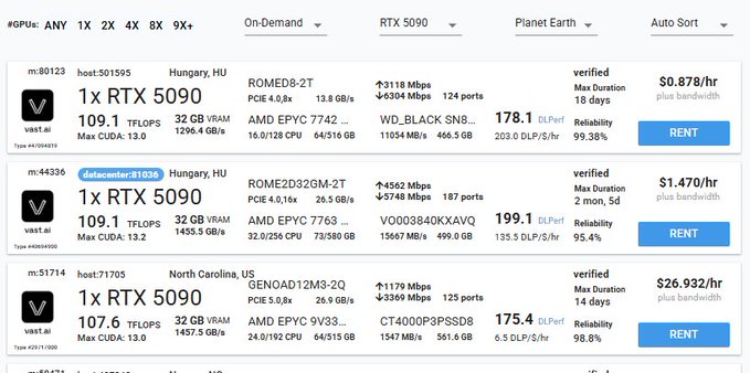 The image displays a GPU rental marketplace showing available RTX 5090 instances from vast.ai, with hourly rental prices ranging from $0.878/hr (Hungary) to $26.932/hr (North Carolina), featuring detailed specs like VRAM, CUDA versions, and DLPerf scores.

This screenshot illustrates the "rent a powerful GPU" step from the post, specifically showcasing RTX 5090 options available on vast.ai for cloud-based GPU access without owning hardware.