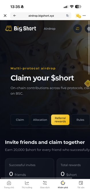 A screenshot of the airdrop.bigshort.xyz website showing a "Claim your $short" page with a "Multi-protocol airdrop" and options to claim airdrop rewards.
