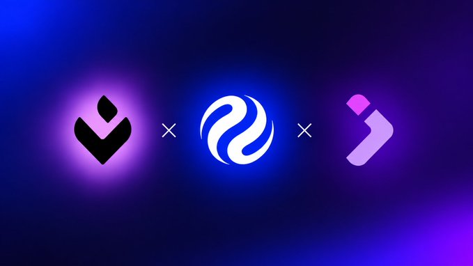 A promotional image with a blue and purple gradient background displaying three logos separated by 'x' symbols: a black downward arrow icon, a white stylized circular emblem, and a purple 'Y' shaped icon.