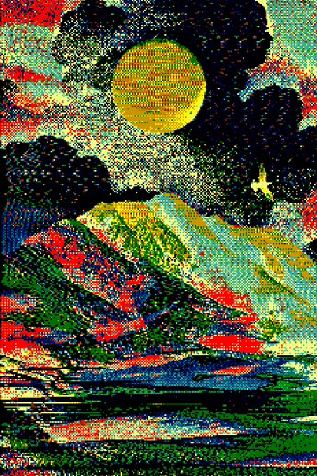 Vibrant, abstract landscape painting featuring a yellow sun, dark clouds, and colorful pixelated mountains and water with distorted digital textures in reds, blues, and greens.