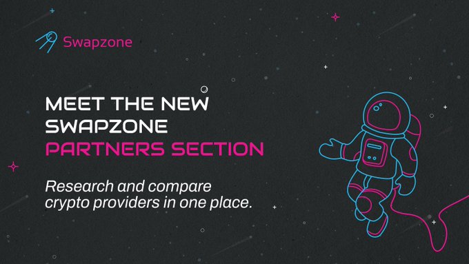 A promotional banner for Swapzone's new Partners Section, featuring neon-style astronaut graphics on a dark starry background with text reading 'MEET THE NEW SWAPZONE PARTNERS SECTION' and 'Research and compare crypto providers in one place.'