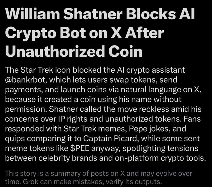A news summary titled 'William Shatner Blocks AI Crypto Bot on X After Unauthorized Coin' details Shatner blocking @bankrbot for creating a coin using his name without permission.