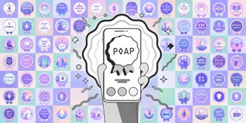 A digital illustration of a hand holding a smartphone with 'POAP' displayed on the screen, set against a background of various circular character icons in a grid.